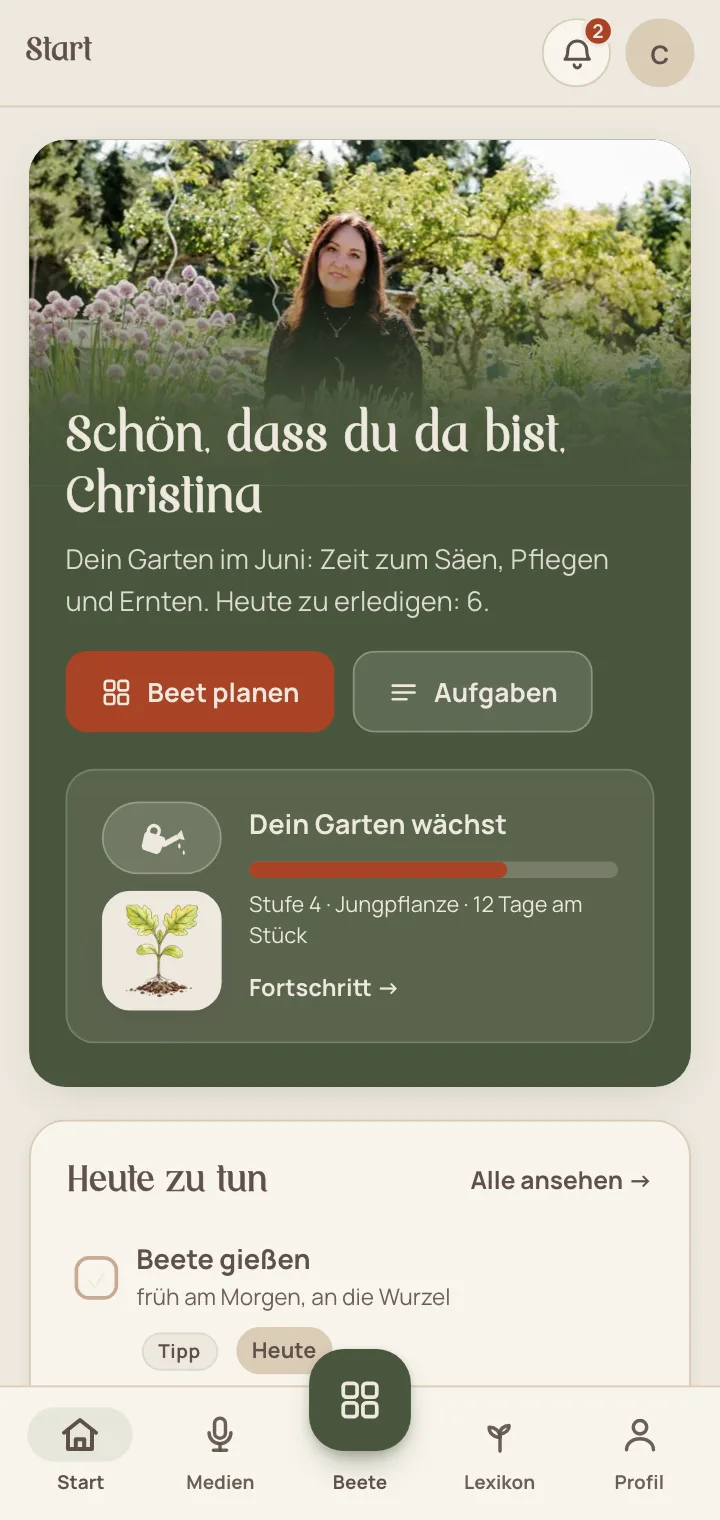 Startbildschirm der App Bunte Beete: Begrüßung, die Aufgaben des Tages und der Fortschritt des eigenen Gartens
